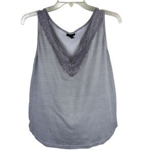 Tahari Gray White Striped Pajama Set XL Tank Top & Shorts Lace V Neck